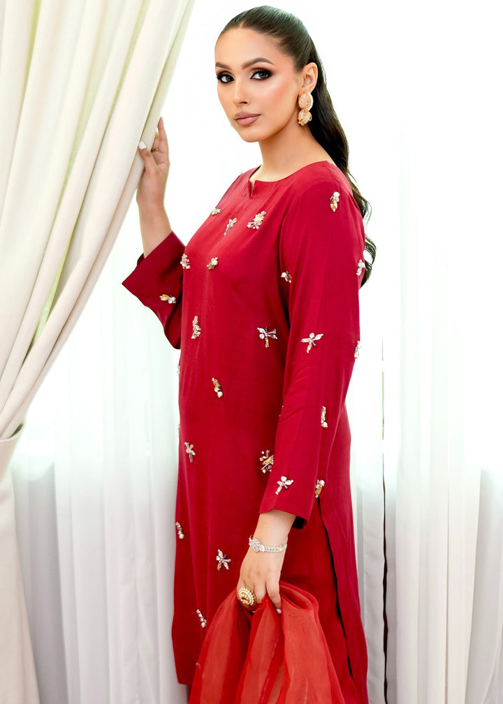 Allure By Ih - Wilma Raw Silk Suit For Women - Red - 3 Piece