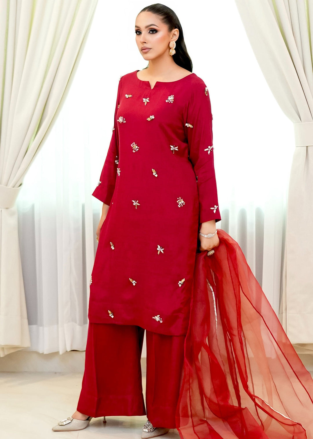 Allure By Ih - Wilma Raw Silk Suit For Women - Red - 3 Piece
