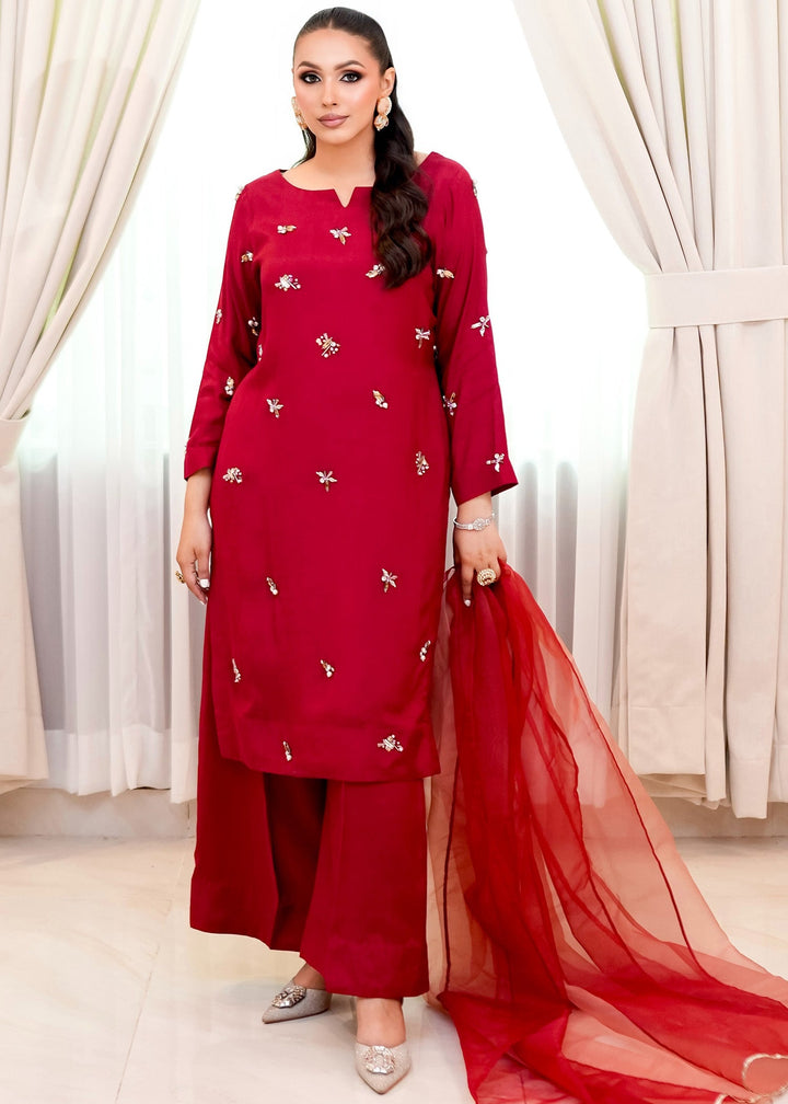 Allure By Ih - Wilma Raw Silk Suit For Women - Red - 3 Piece
