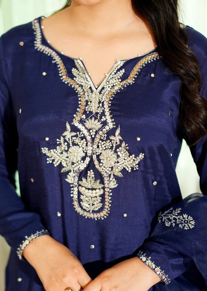 Allure By Ih - Alba Raw Silk Suit For Women - Navy Blue - 3 Piece