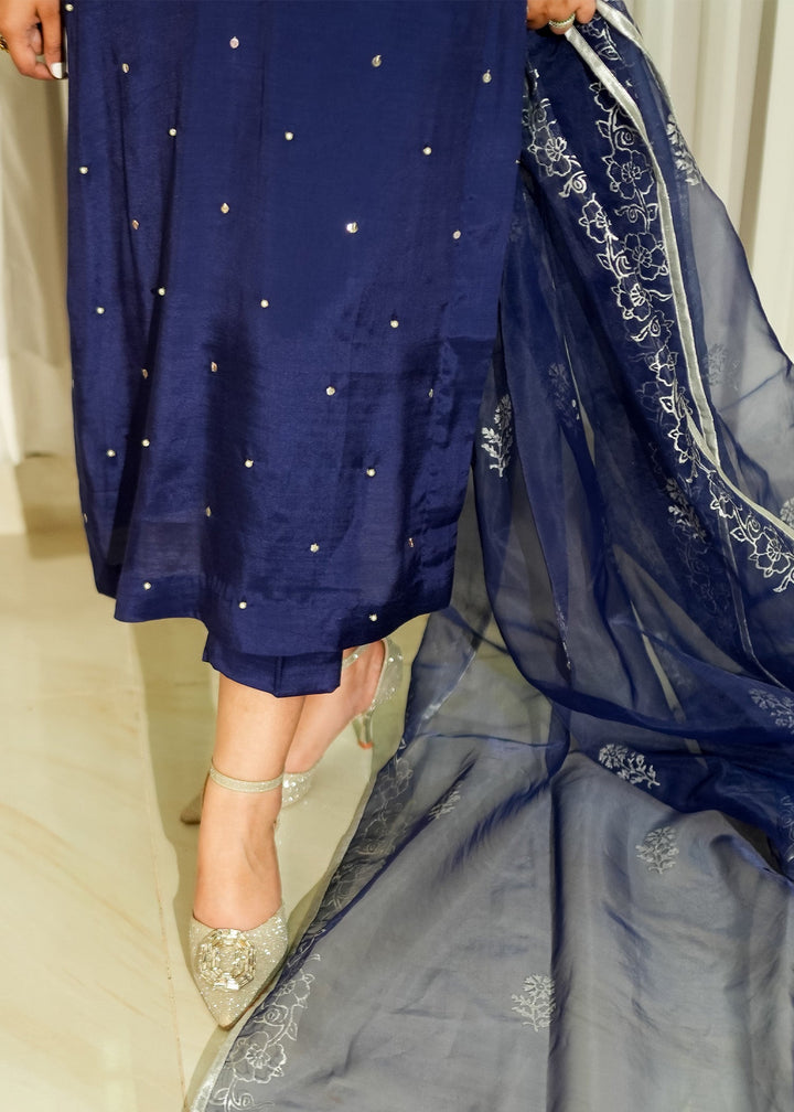Allure By Ih - Alba Raw Silk Suit For Women - Navy Blue - 3 Piece