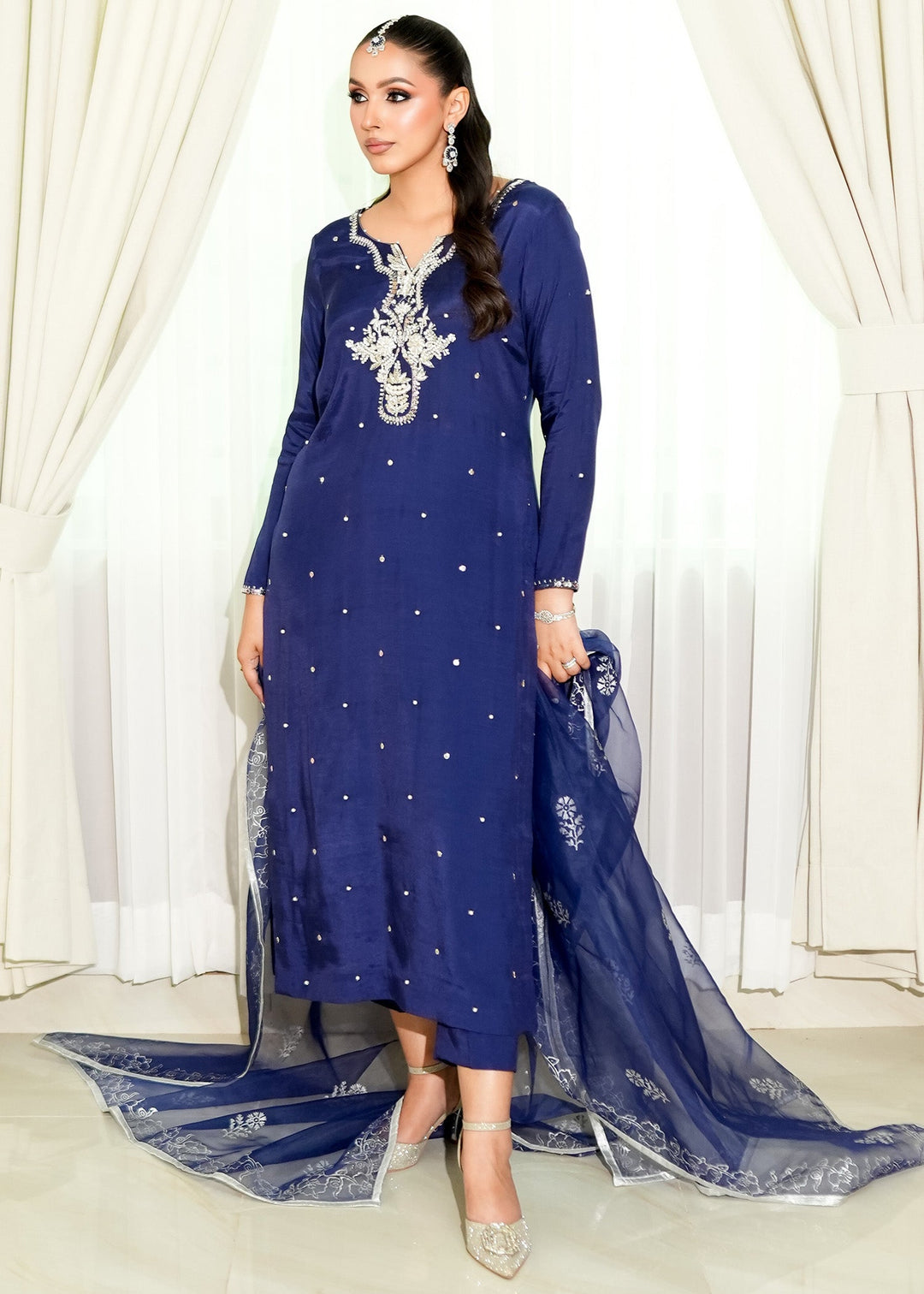 Allure By Ih - Alba Raw Silk Suit For Women - Navy Blue - 3 Piece