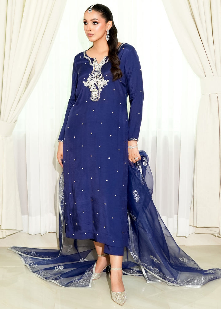 Allure By Ih - Alba Raw Silk Suit For Women - Navy Blue - 3 Piece