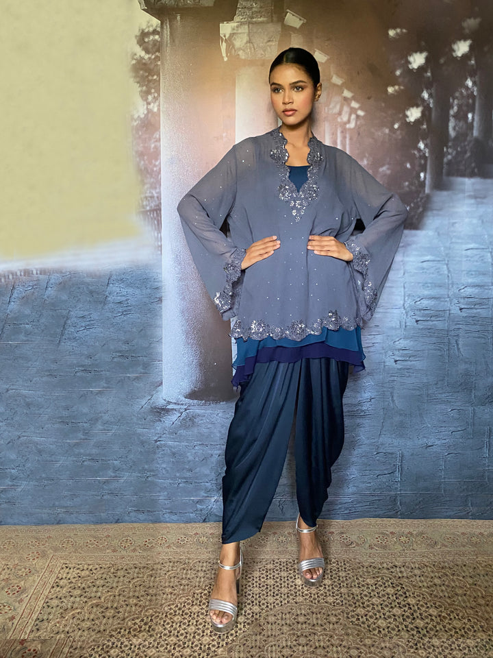 Gulabo - Shayal Silk Chiffon + Blended Satin Grey Zing Navy Eastern Wear For Women - 3 Piece