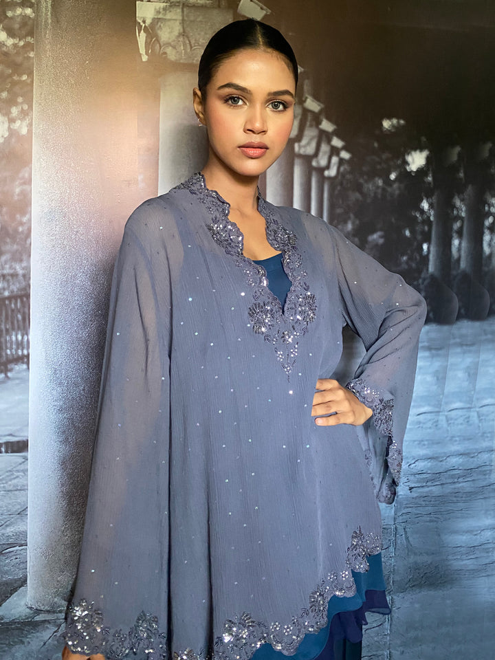 Gulabo - Shayal Silk Chiffon + Blended Satin Grey Zing Navy Eastern Wear For Women - 3 Piece