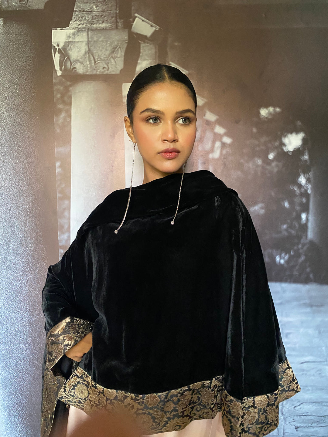 Gulabo - Zahrine Silk Velvet Black Cape Jacket For Women - 1 Piece