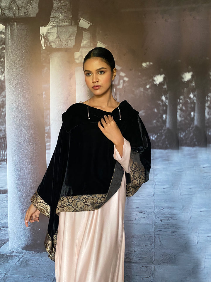 Gulabo - Zahrine Silk Velvet Black Cape Jacket For Women - 1 Piece