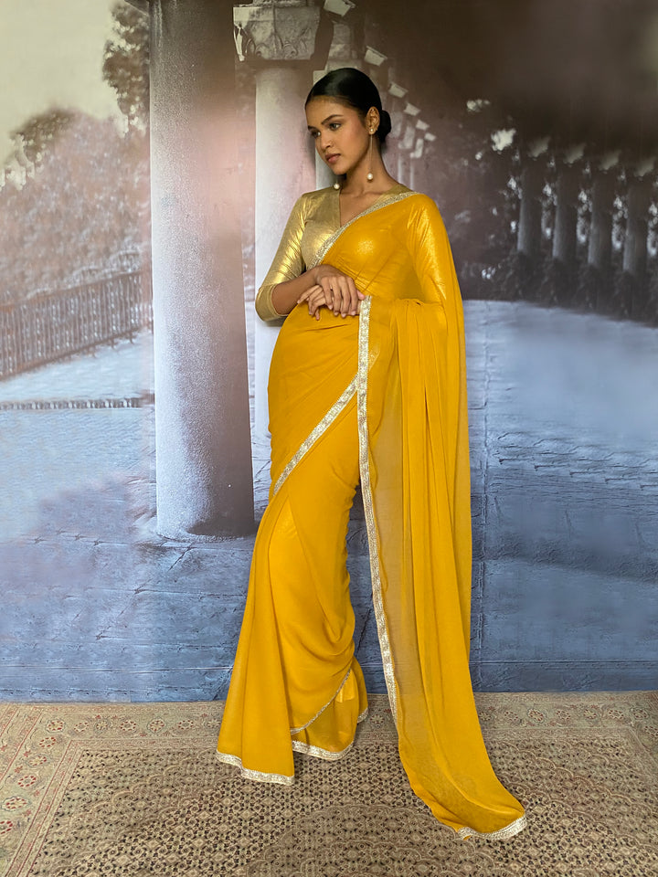 Gulabo - Liyana Blended Chiffon Yellow Sari For Women - 1 Piece