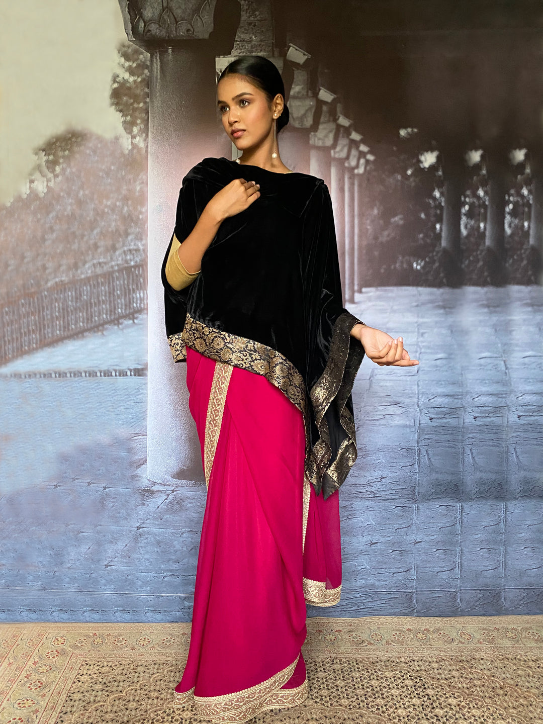 Gulabo - Zahrine Silk Velvet Black Cape Jacket For Women - 1 Piece