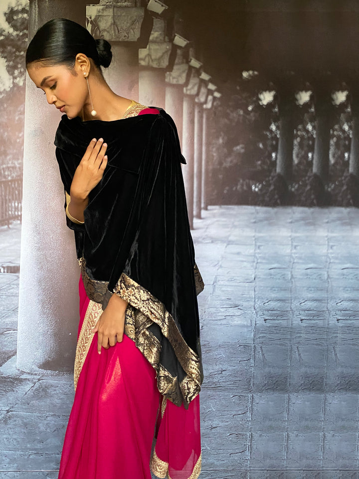 Gulabo - Zahrine Silk Velvet Black Cape Jacket For Women - 1 Piece