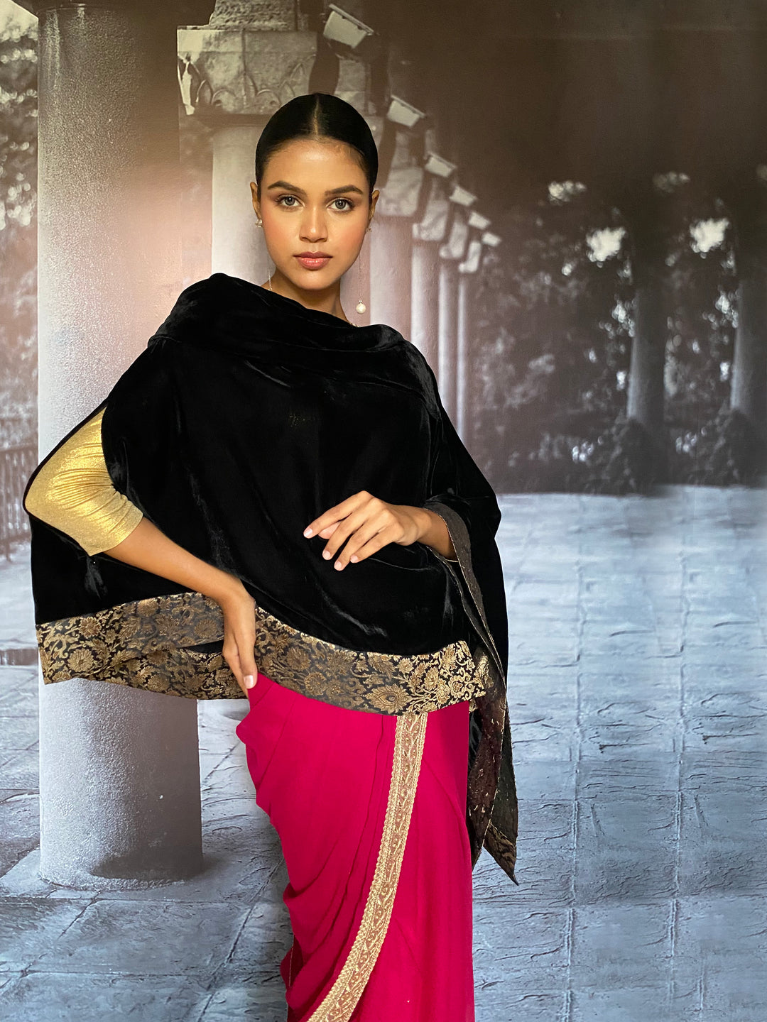 Gulabo - Zahrine Silk Velvet Black Cape Jacket For Women - 1 Piece