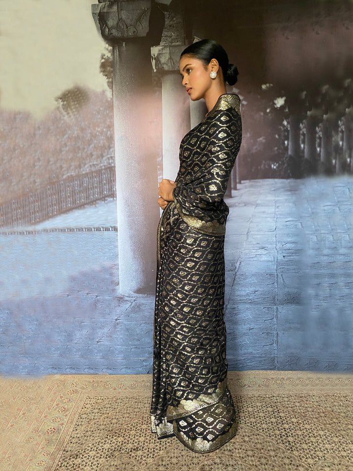 Gulabo - Aseer Silk Chiffon Banarsi Black Silver Gold Sari For Women - 1 Piece