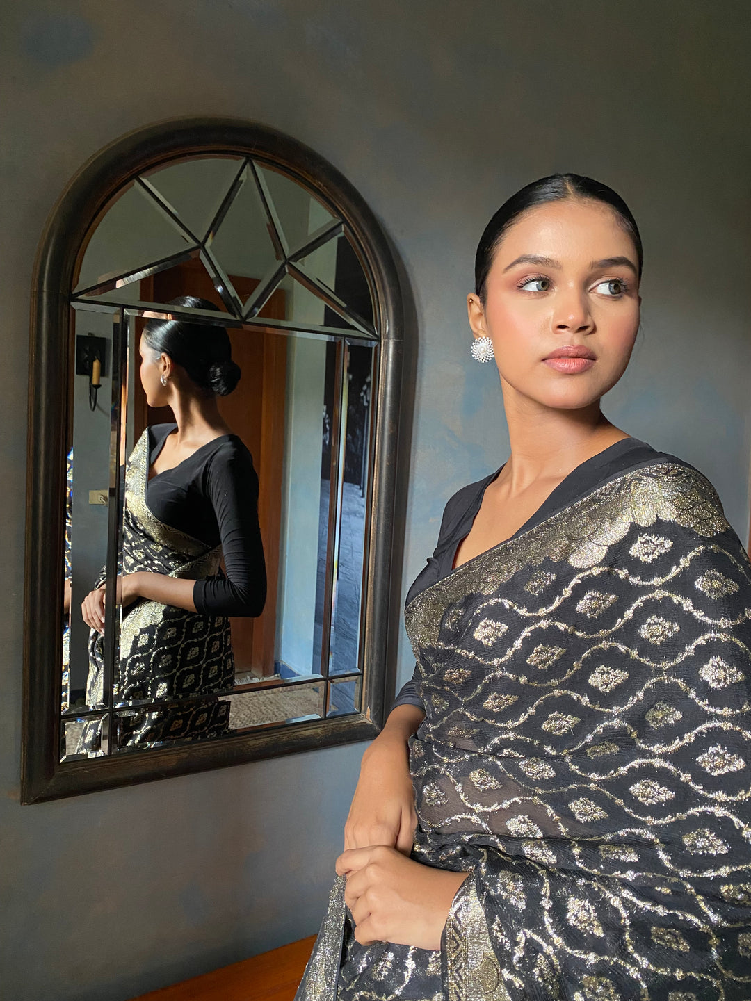 Gulabo - Aseer Silk Chiffon Banarsi Black Silver Gold Sari For Women - 1 Piece