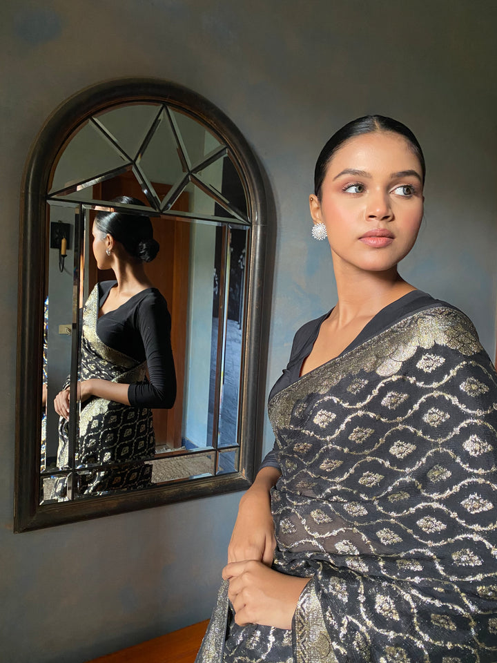 Gulabo - Aseer Silk Chiffon Banarsi Black Silver Gold Sari For Women - 1 Piece