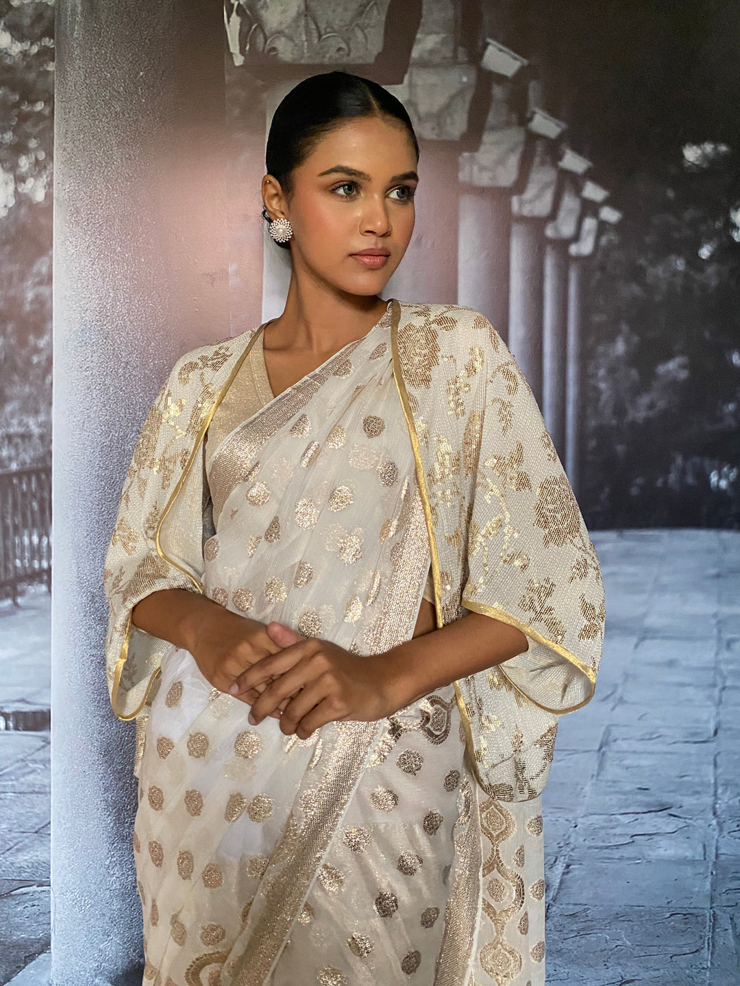 Gulabo - Inara Silk Chiffon Embroidery White Gold Cape Jacket For Women - 1 Piece