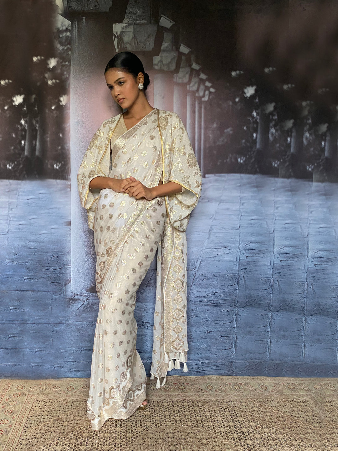 Gulabo - Inara Silk Chiffon Embroidery White Gold Cape Jacket For Women - 1 Piece