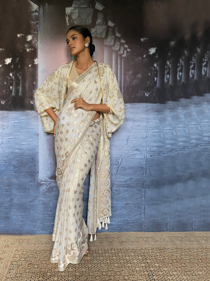 Gulabo - Inara Silk Chiffon Embroidery White Gold Cape Jacket For Women - 1 Piece