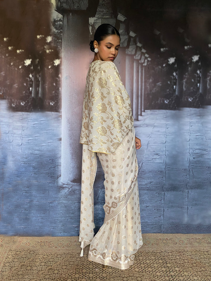 Gulabo - Inara Silk Chiffon Embroidery White Gold Cape Jacket For Women - 1 Piece