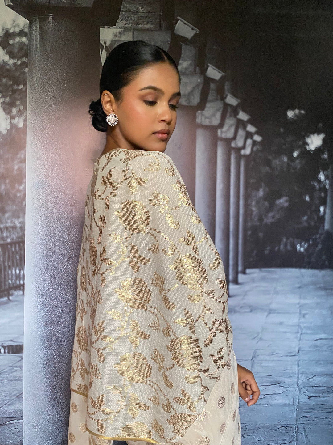 Gulabo - Inara Silk Chiffon Embroidery White Gold Cape Jacket For Women - 1 Piece