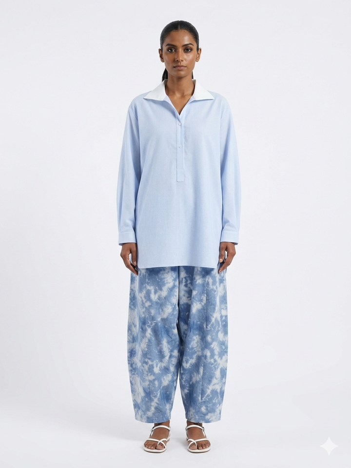 Gulabo - Easy Azure Pure Cotton Shirt For Women - Blue White Stripe - 1 Piece - Studio by TCS