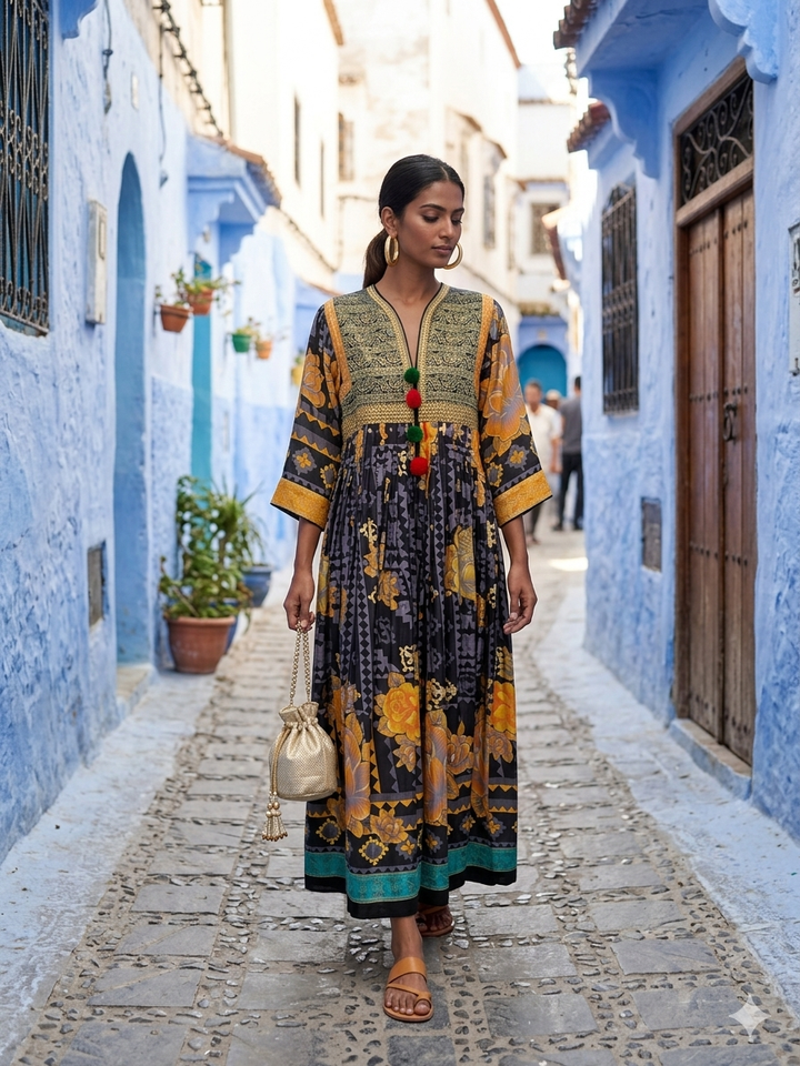 Maheen Khan - Zion Pathani Silk Kaftan For Women - Yellow & Black - 1 Piece