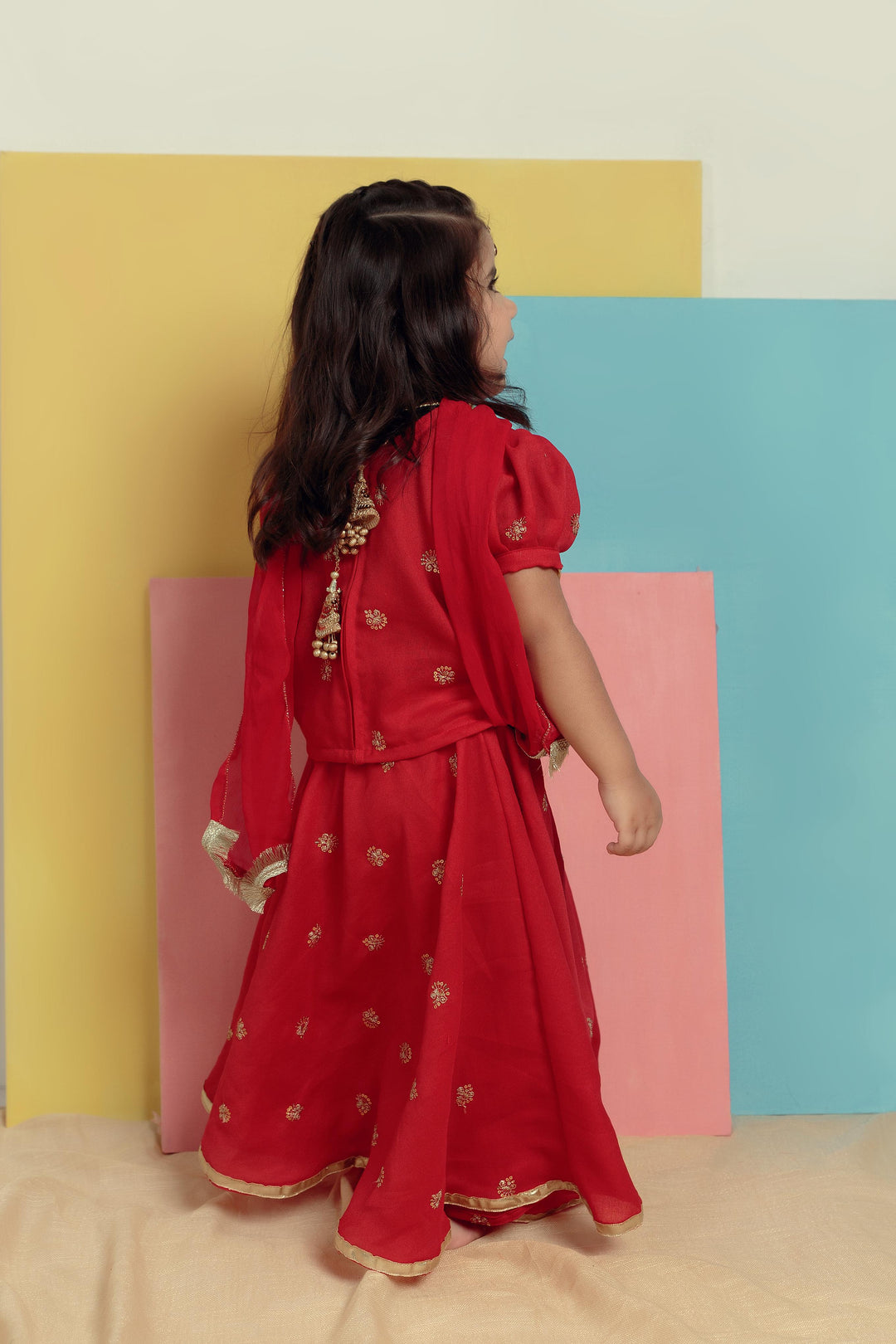 Kidoz Kloset - Red Rose Embroidered Lehanga Set For Girl