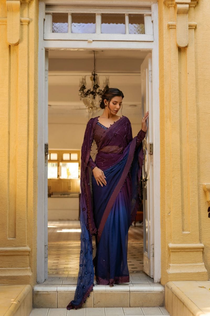 Insia Sohail - Veronica - Plum / Sapphire blue - Saree - Chiffon - Studio by TCS