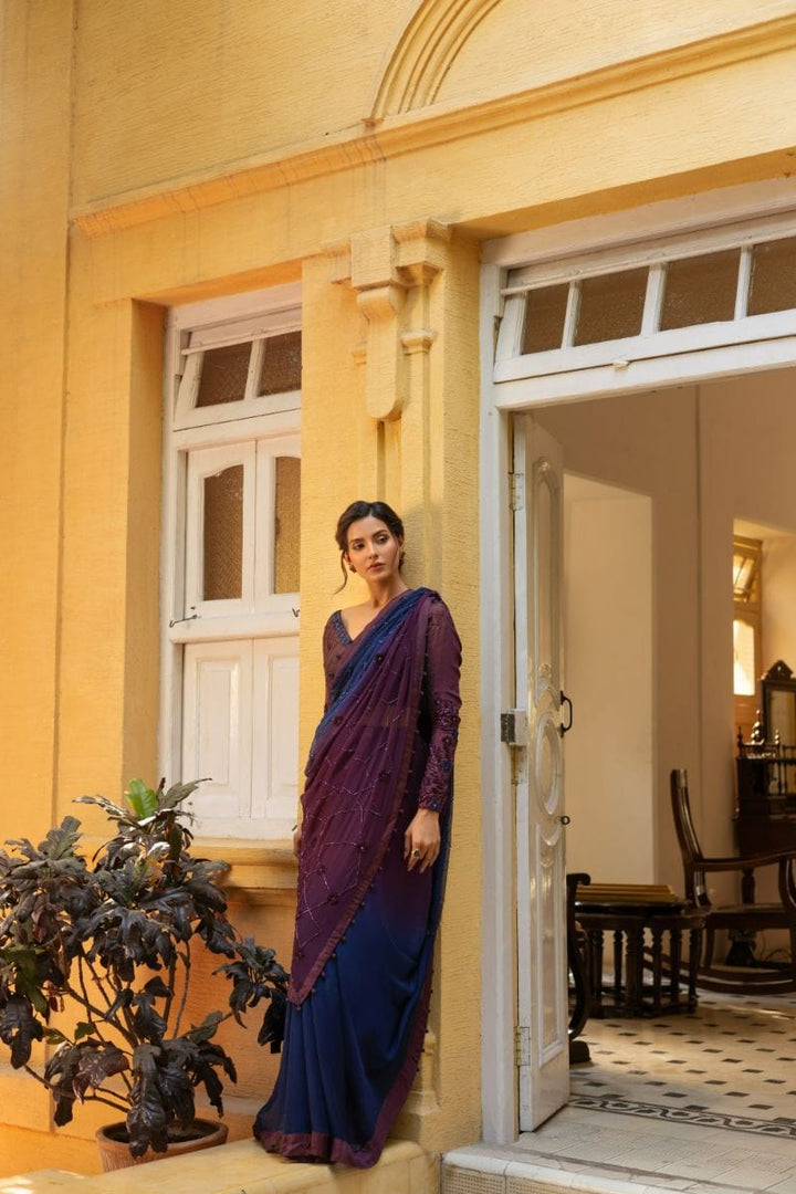 Insia Sohail - Veronica - Plum / Sapphire blue - Saree - Chiffon - Studio by TCS
