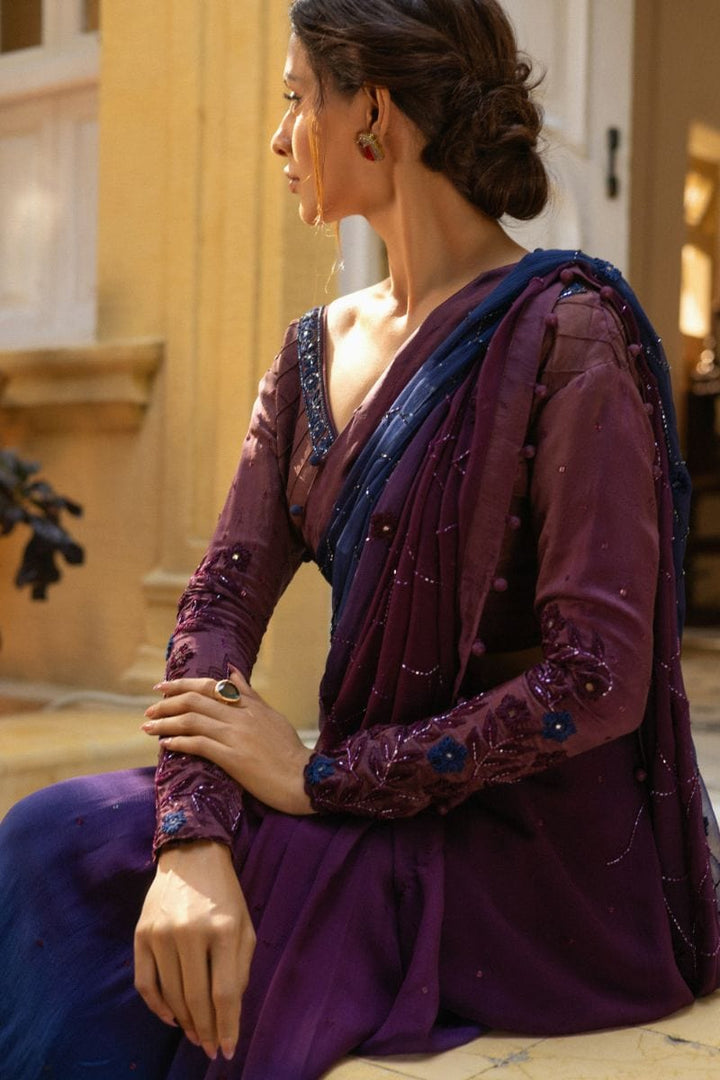 Insia Sohail - Veronica - Plum / Sapphire blue - Saree - Chiffon - Studio by TCS
