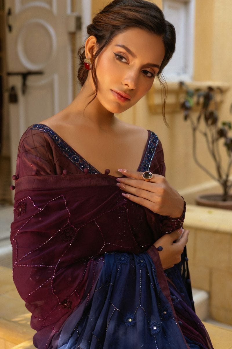 Insia Sohail - Veronica - Plum / Sapphire blue - Saree - Chiffon - Studio by TCS