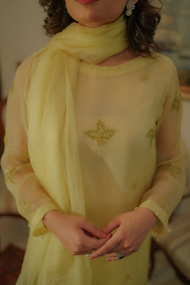Syah - Zamurd - Organza - Pastel Yellow - 3 Piece