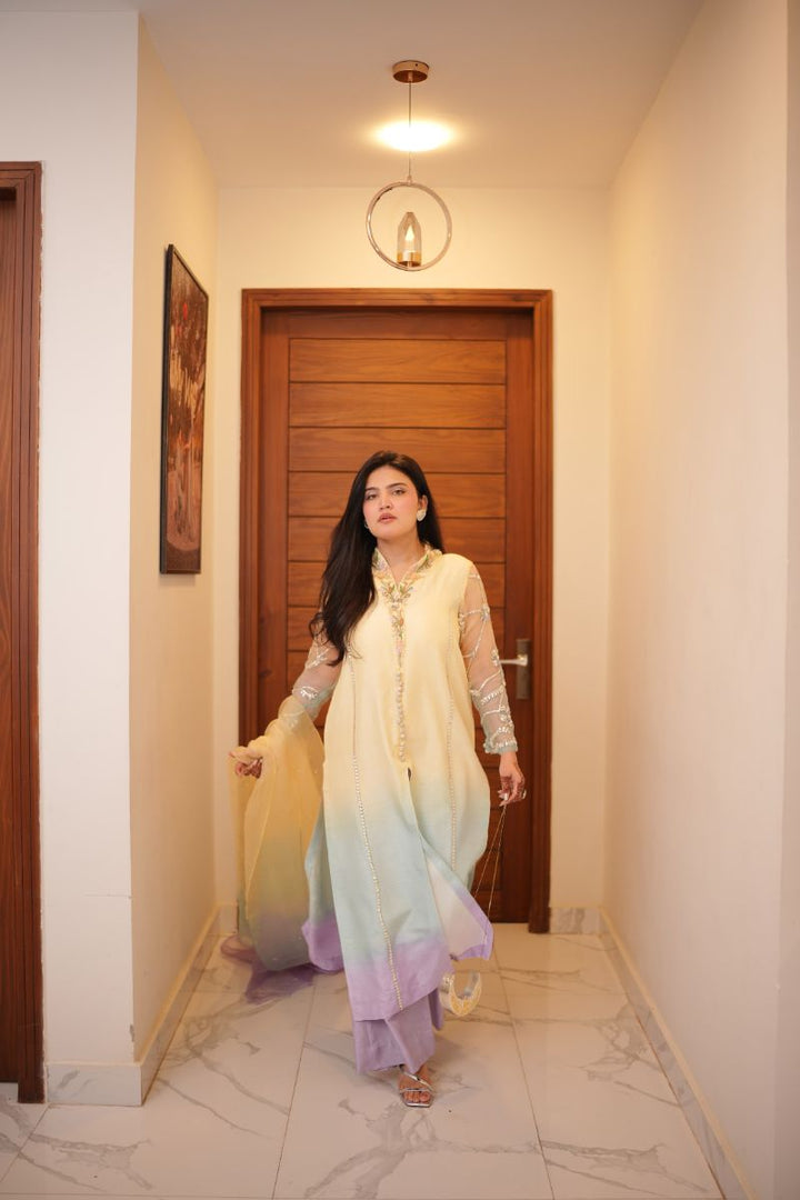 Anayra Amal - Korean Silk Celeste Haze Hand Worked Suit For Women - Butter Yellow - 3 Piece