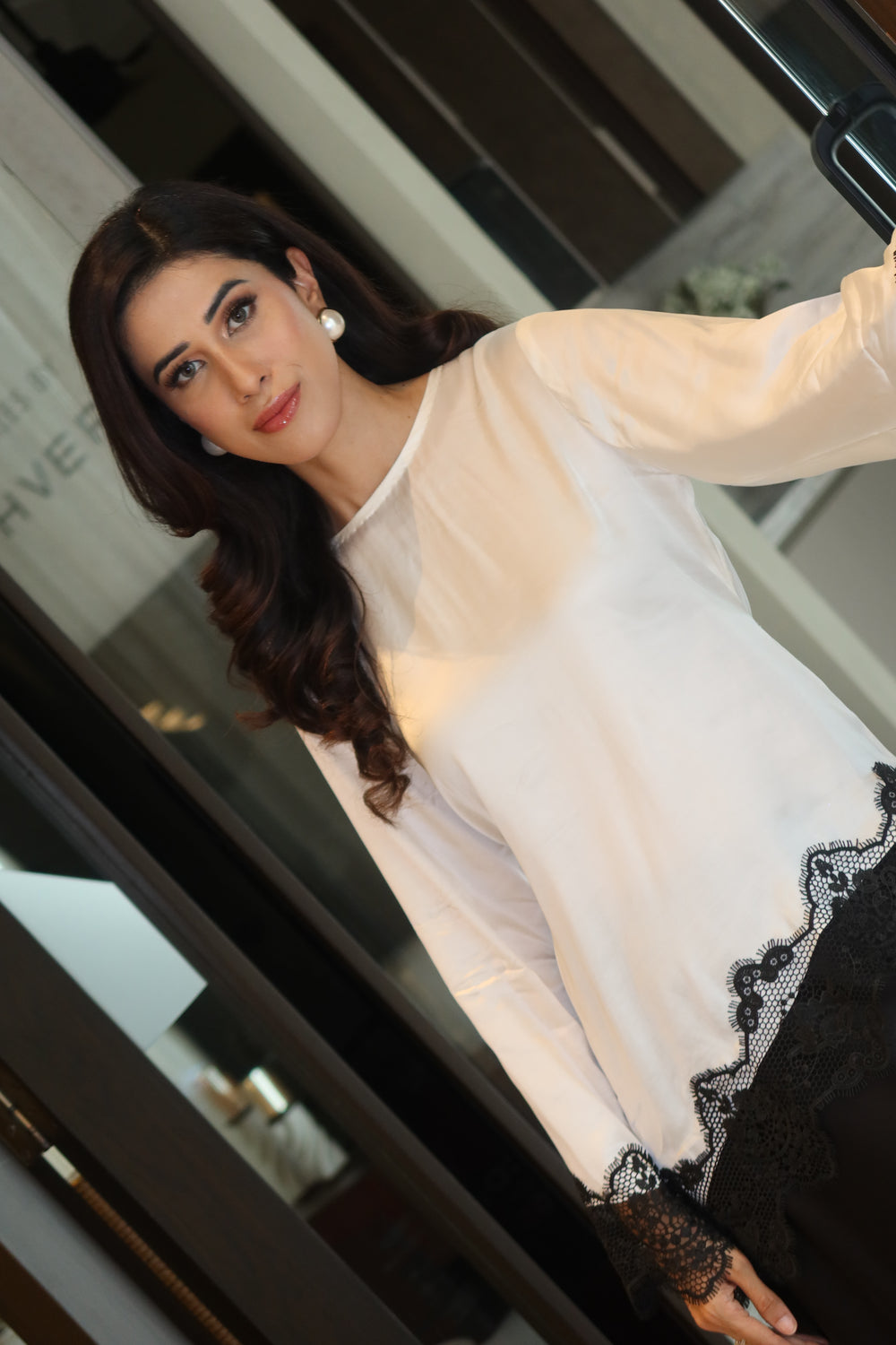 Leon - White Laced Monochrome Silk Lace Top For Women - 1 Piece - Studio by TCS