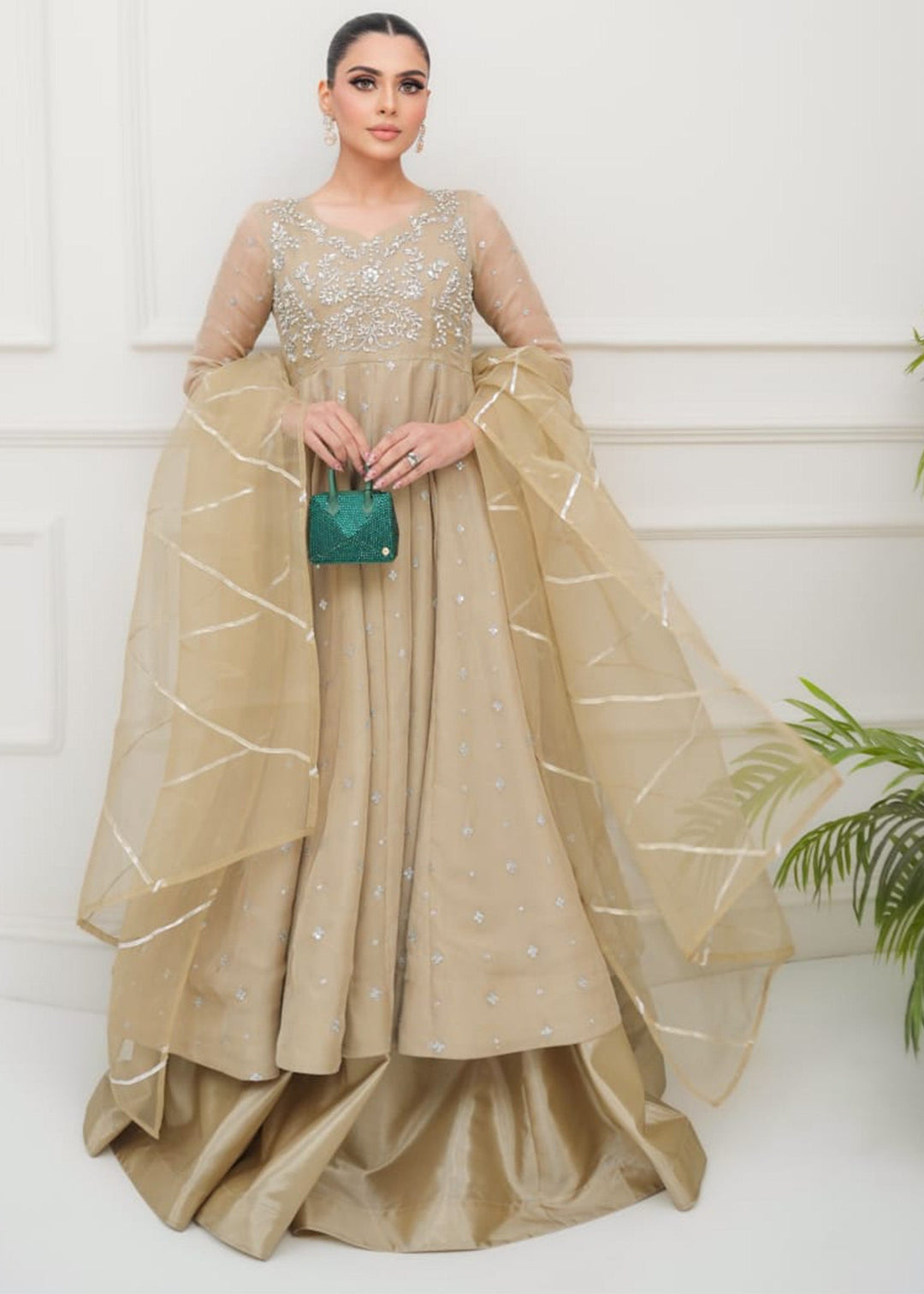 Allure By Ih - Oat Jacquard Lehenga For Women - Champagne - 3 Piece