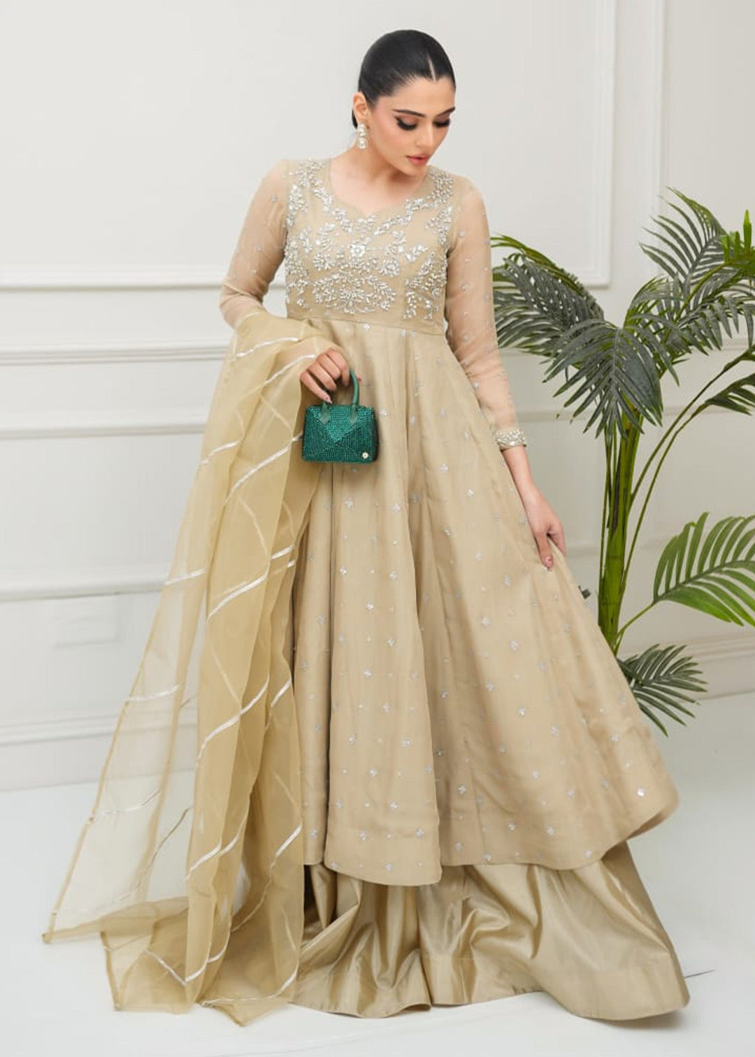 Allure By Ih - Oat Jacquard Lehenga For Women - Champagne - 3 Piece