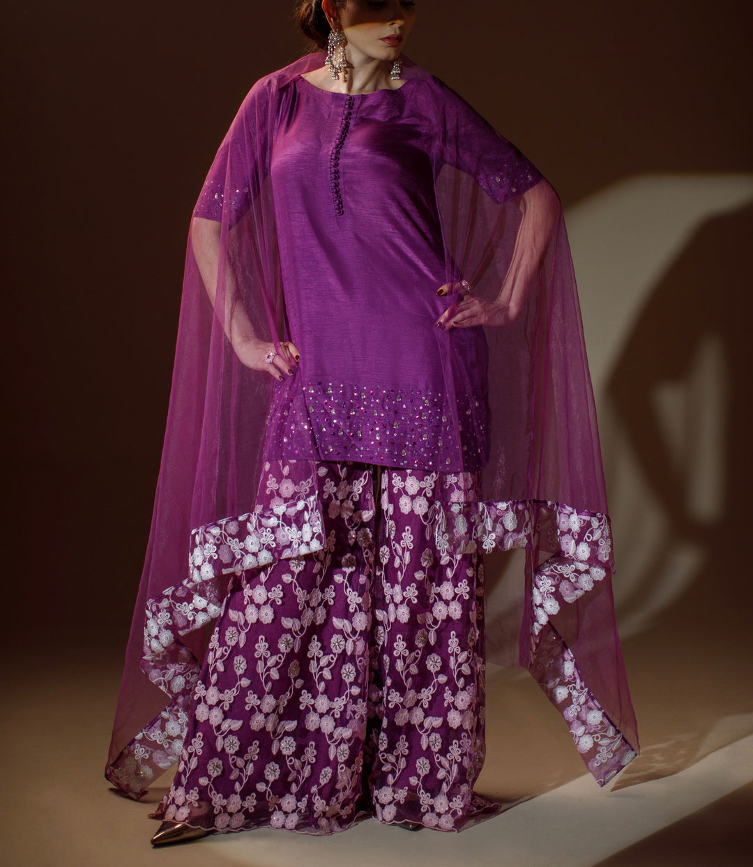 Ombrella - Pallete of purple Tea pink Raw Silk Suit For Women - 3 Piece