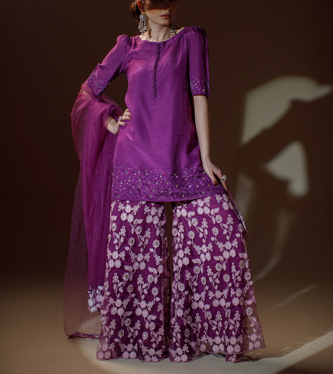 Ombrella - Pallete of purple Tea pink Raw Silk Suit For Women - 3 Piece