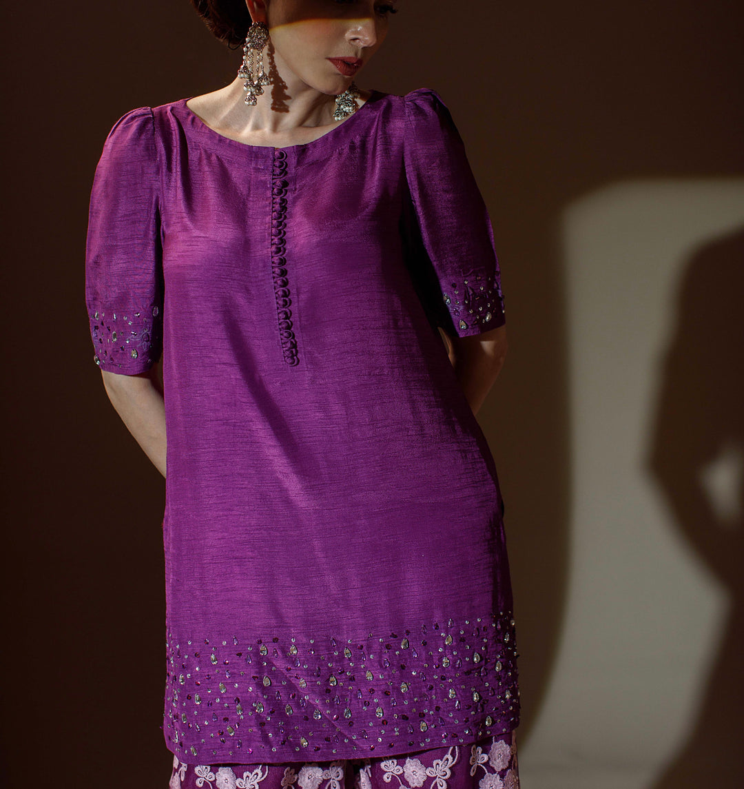 Ombrella - Pallete of purple Tea pink Raw Silk Suit For Women - 3 Piece