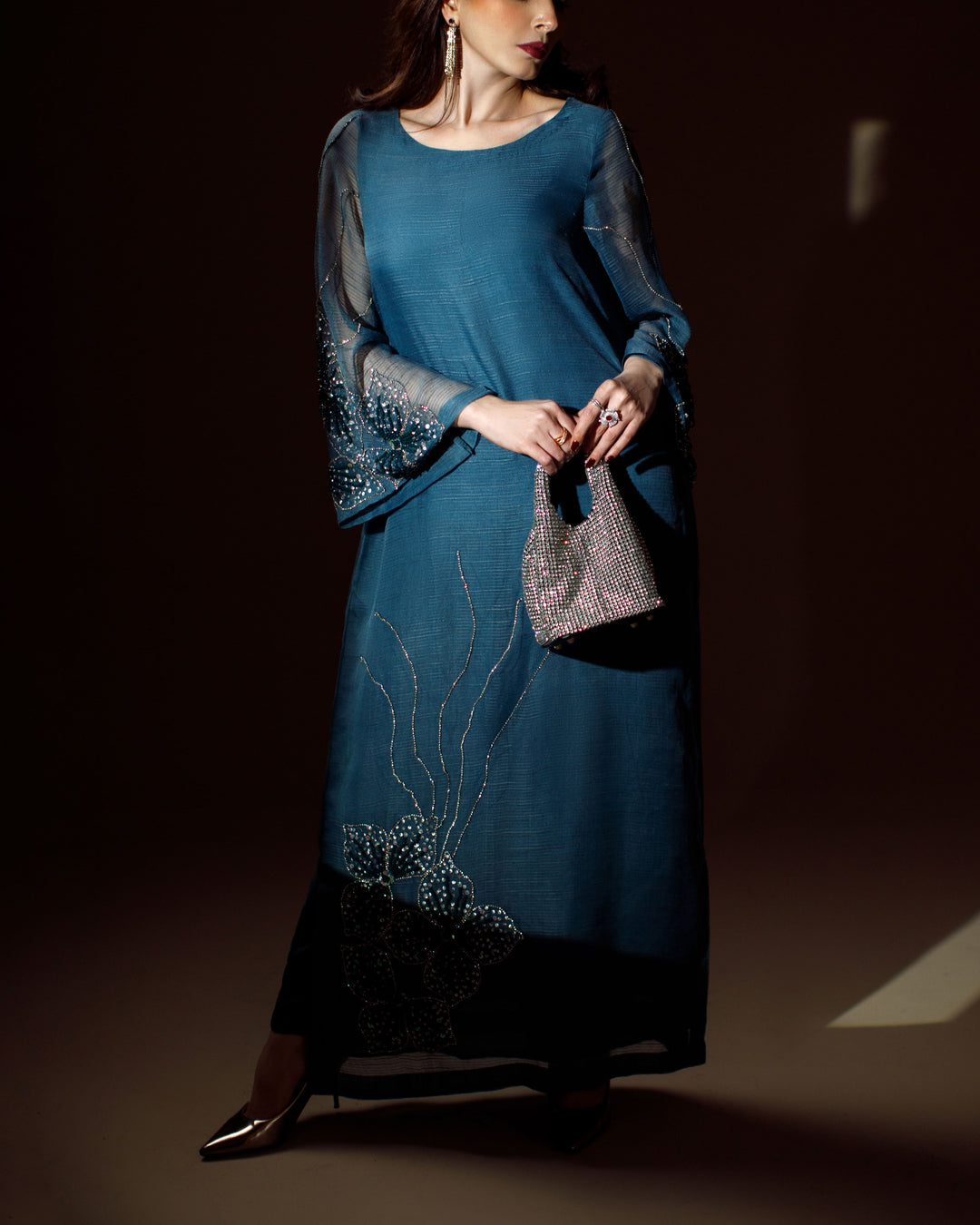 Ombrella - Blooming Flower Teal Khaadi Net Suit For Women - 2 Piece