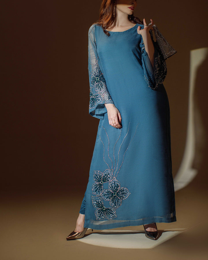 Ombrella - Blooming Flower Teal Khaadi Net Suit For Women - 2 Piece