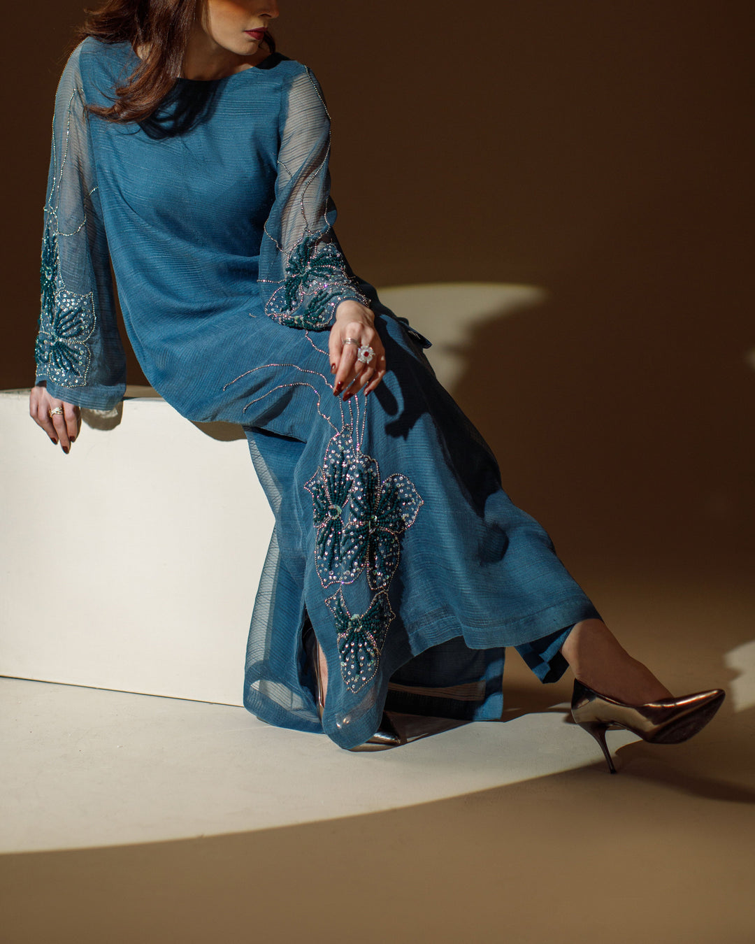 Ombrella - Blooming Flower Teal Khaadi Net Suit For Women - 2 Piece