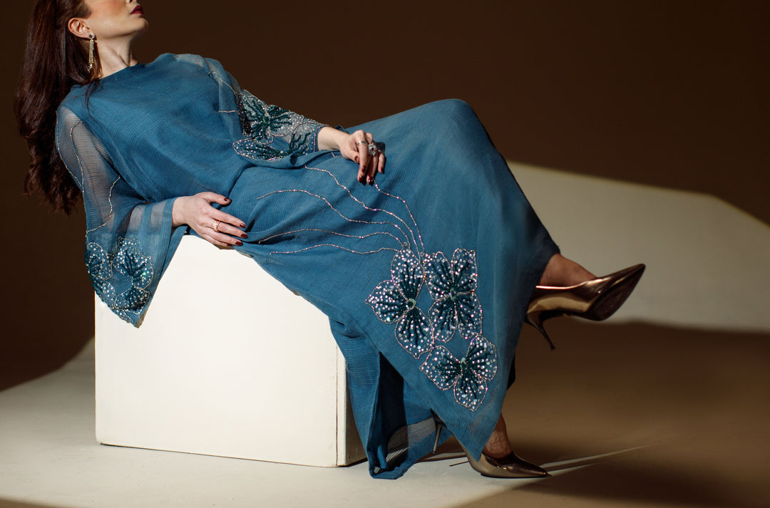 Ombrella - Blooming Flower Teal Khaadi Net Suit For Women - 2 Piece