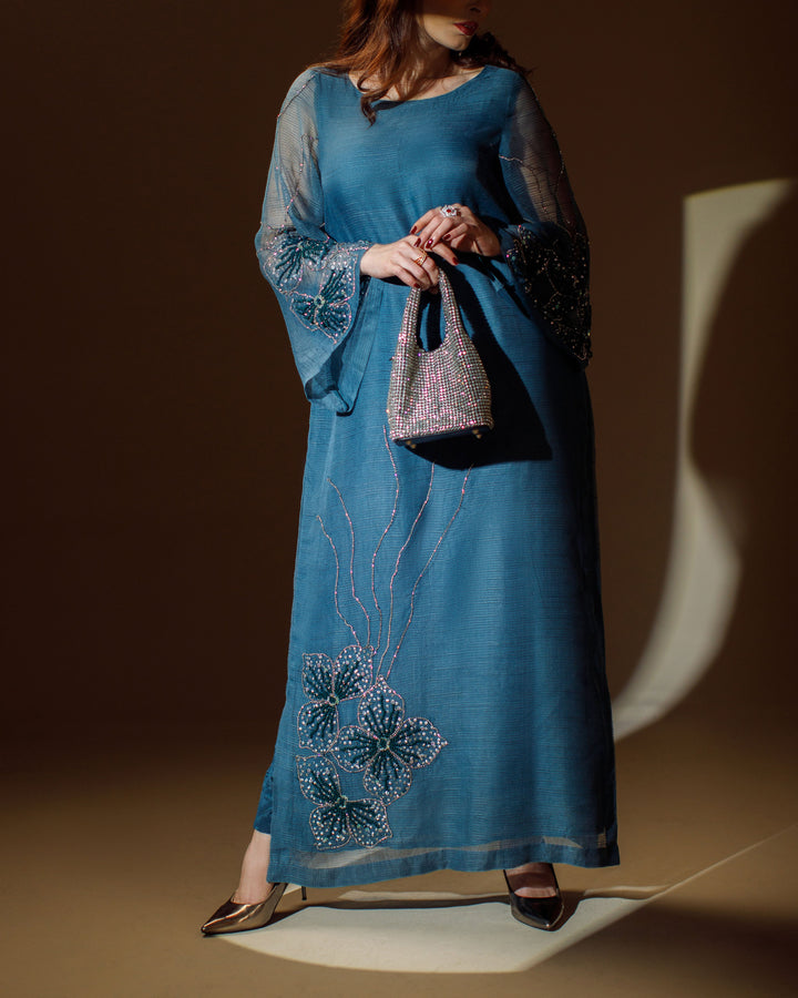 Ombrella - Blooming Flower Teal Khaadi Net Suit For Women - 2 Piece