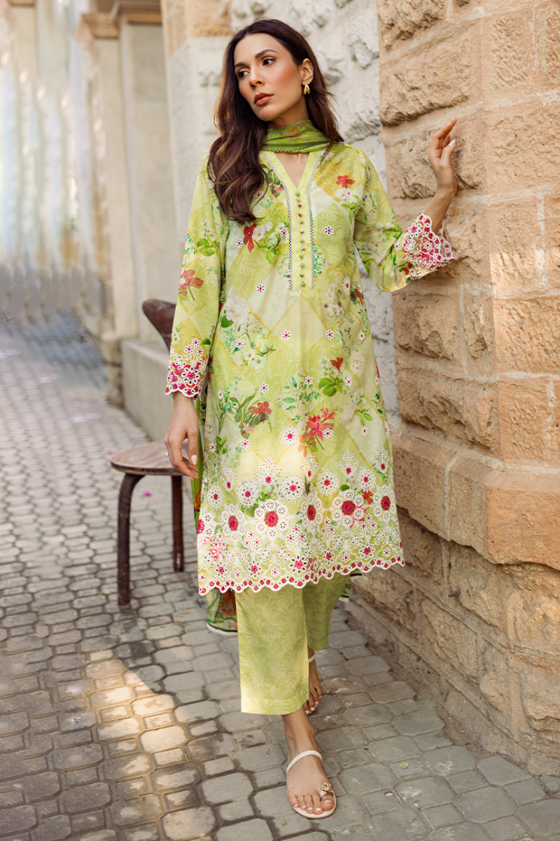 Image - 3 Piece Suit w Schiffli Embroidery - Light Green - Pure Cotton - Printed