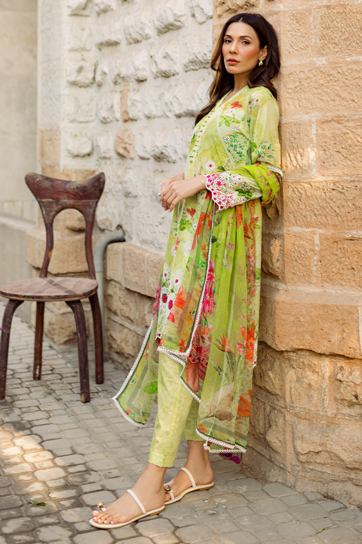 Image - 3 Piece Suit w Schiffli Embroidery - Light Green - Pure Cotton - Printed