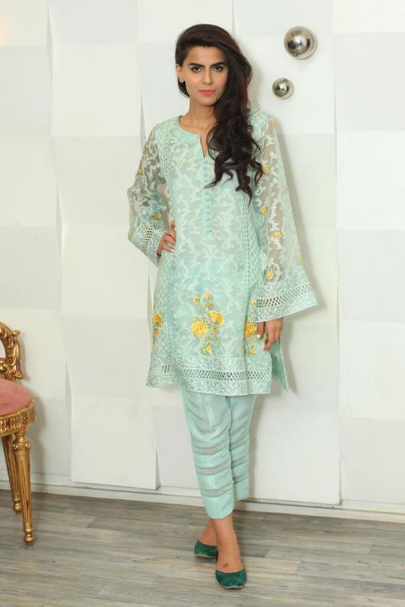 Irum Ghani Trends - Blooming Iris - Aqua - 2 Piece - Organza & Silk