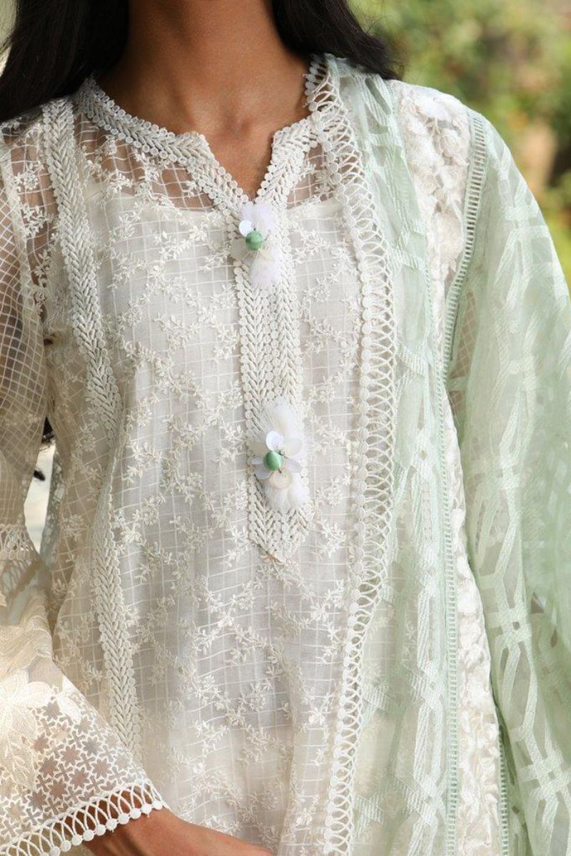 Irum Ghani Trends - Kyanite - White & Mint Green - 3 Piece - Organza