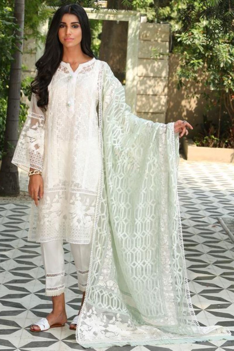 Irum Ghani Trends - Kyanite - White & Mint Green - 3 Piece - Organza
