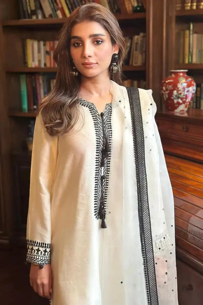 Irum Ghani Trends - NEMOPHILA - Cream and Black - Organza & Cotton Silk - 3 Piece