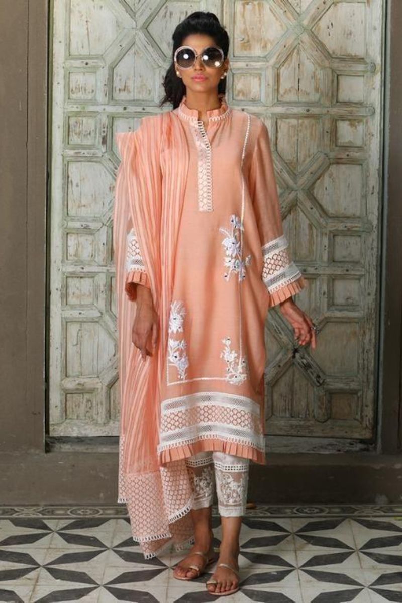 Irum Ghani Trends - Peachy Blush - Peach & White - 3 Piece - Organza